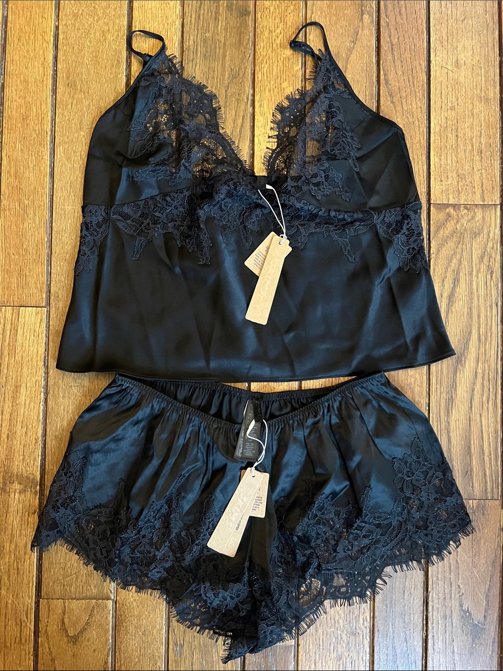 SKIMS Black Silk Lace Cami Shorts SET Pajama Set Size Small NWT